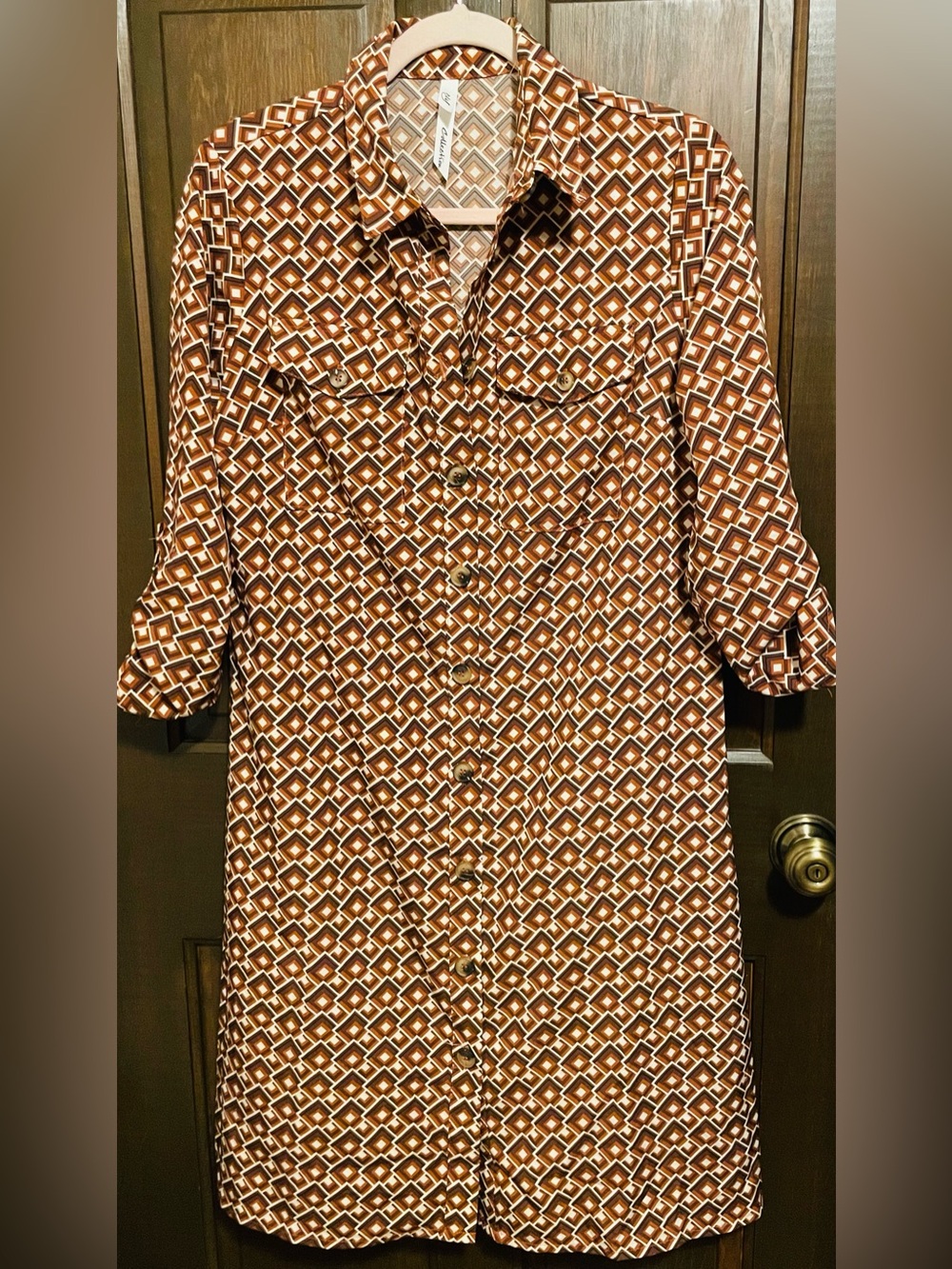 NY Collection Brown Geometric Long-Sleeve Shirt Dress
